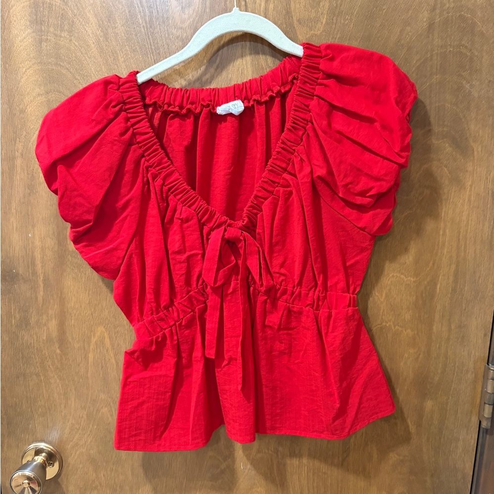 Olivia Sky Red Blouse with Puff Sleeves
